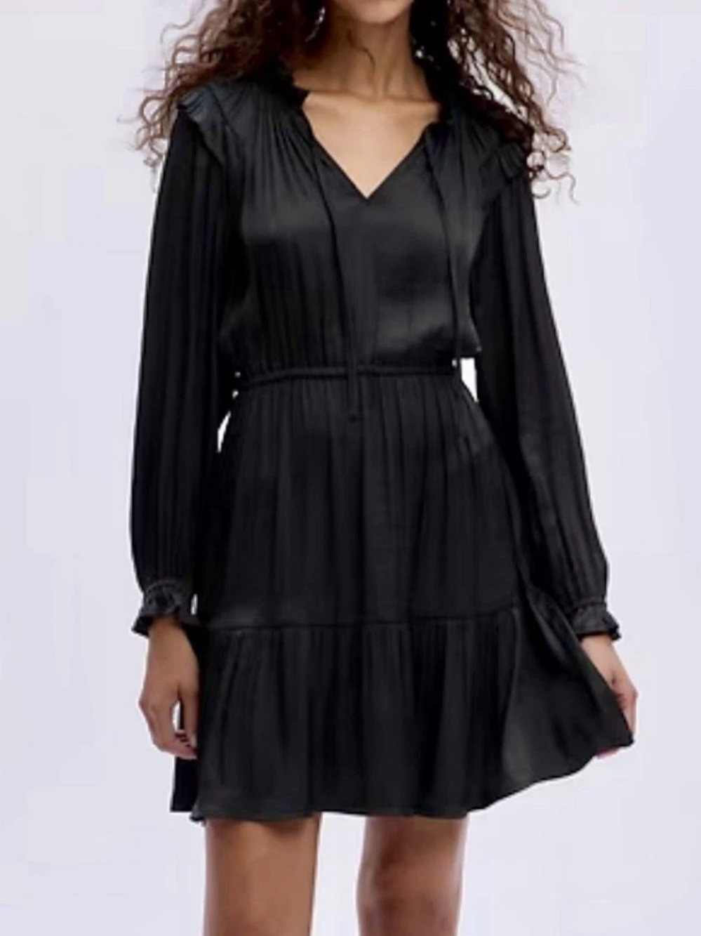 GAP Black Satin Ruffle V-Neck Mini Dress NWT